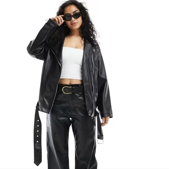 BN Asos Design black longline oversized faux leather belted biker jacket - Picture 1 of 8